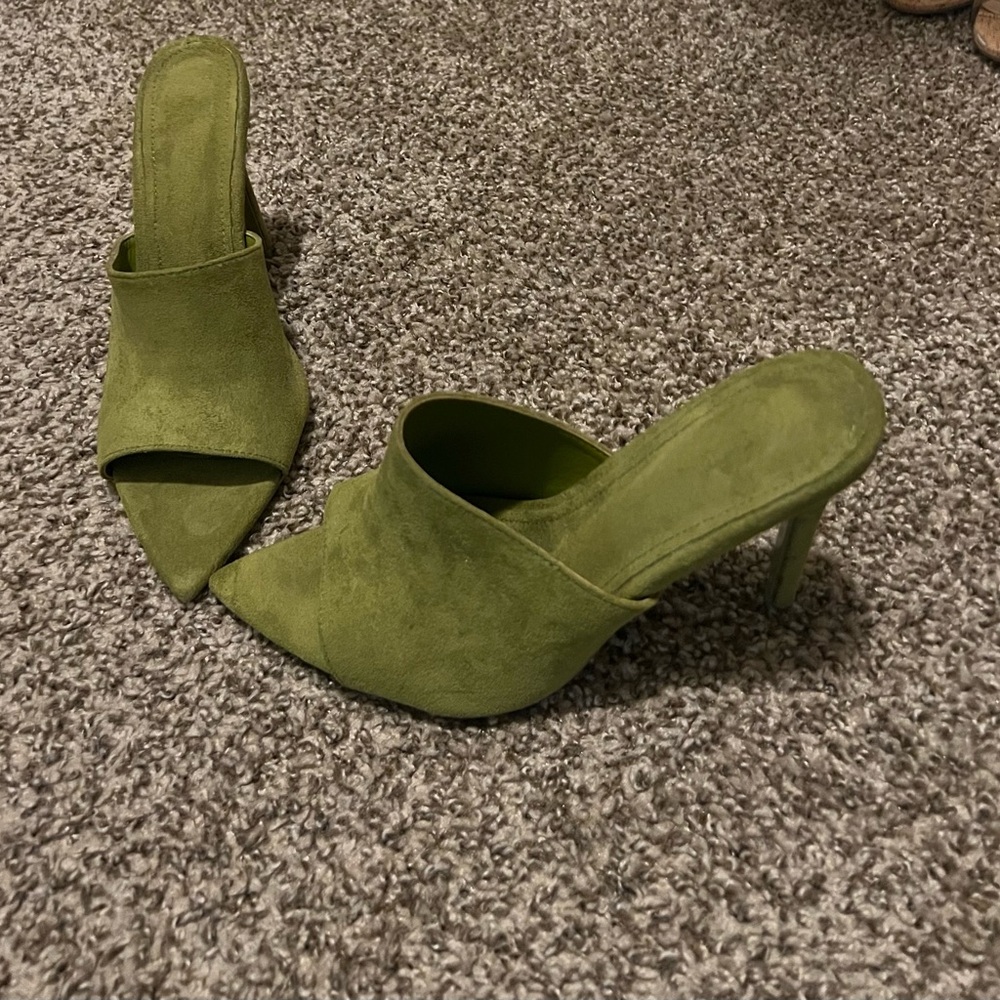 Olive Green Suede Pointed-Toe Mule Heels